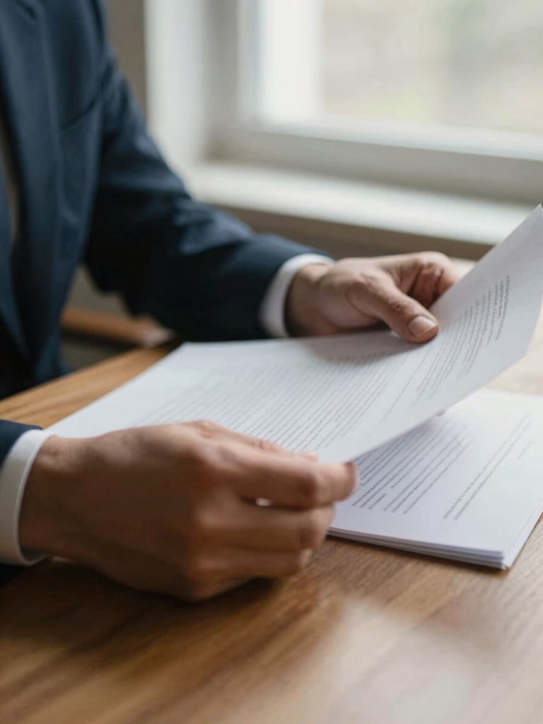 Close-up of working hands reviewing court documents on a warm wooden table, soft natural window light, muted navy and slate tones, shallow depth of field, 35mm