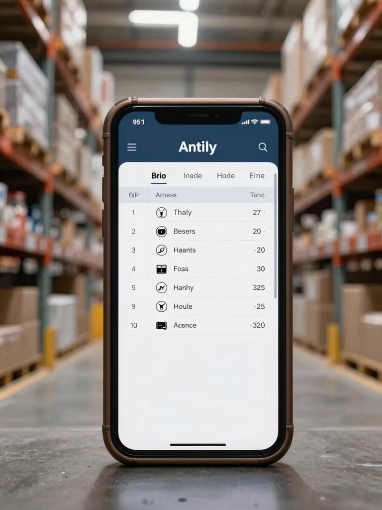 A close-up of a rugged mobile device displaying a clean inventory dashboard inside a bright, organized regional warehouse, natural overhead lighting.