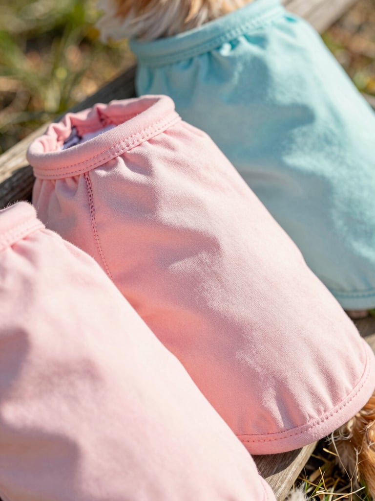 Close-up of vibrant high-quality fabrics and hand-stitched details of pet clothing, warm natural daylight, soft focus.