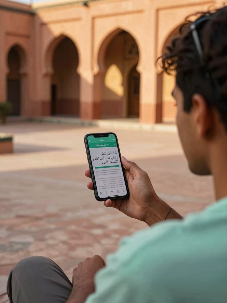 Over-the-shoulder shot of a young traveler sitting in a sunny courtyard in Marrakech, holding a smartphone showing a clean translation app interface with Arabic script and Dutch text, warm golden hour sunlight filtering through terracotta arches.