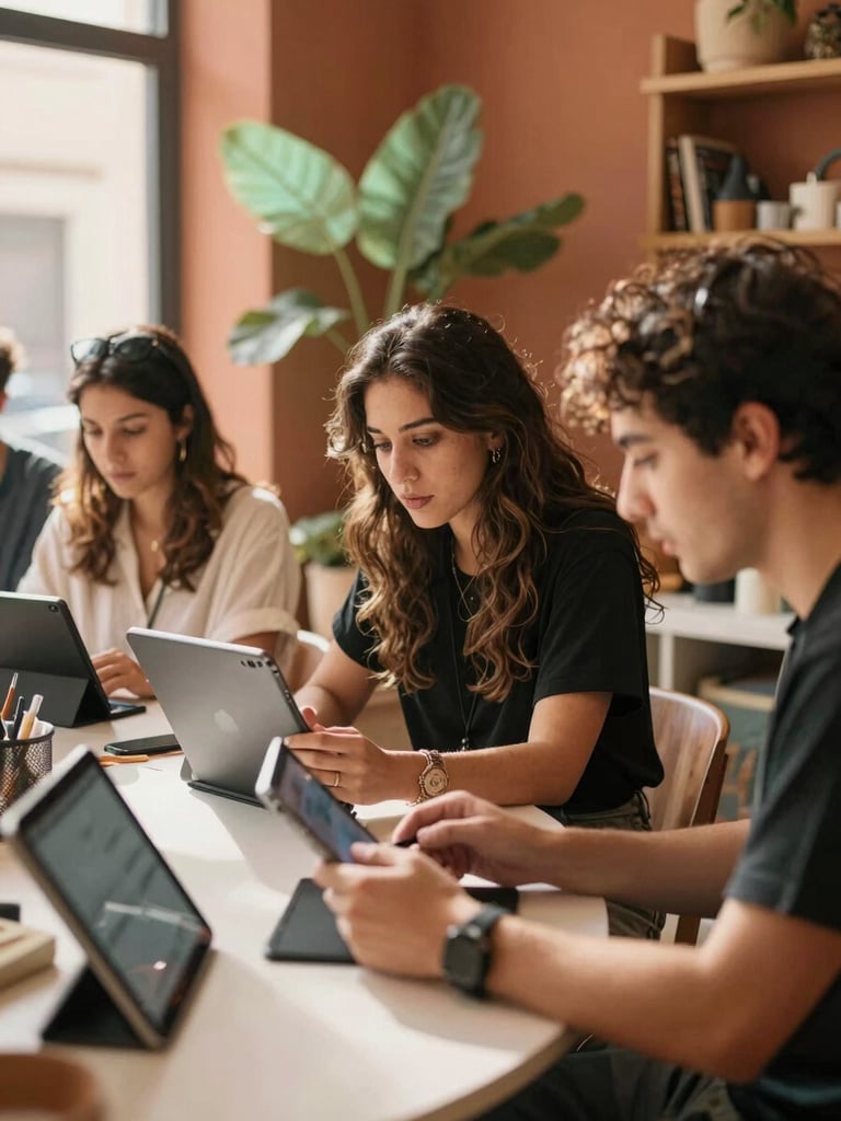 A warm collaborative setting in a Casablanca creative studio, Moroccan designers and linguists looking over tablet screens, terracotta walls, mint green plants, soft natural daylight, 35mm