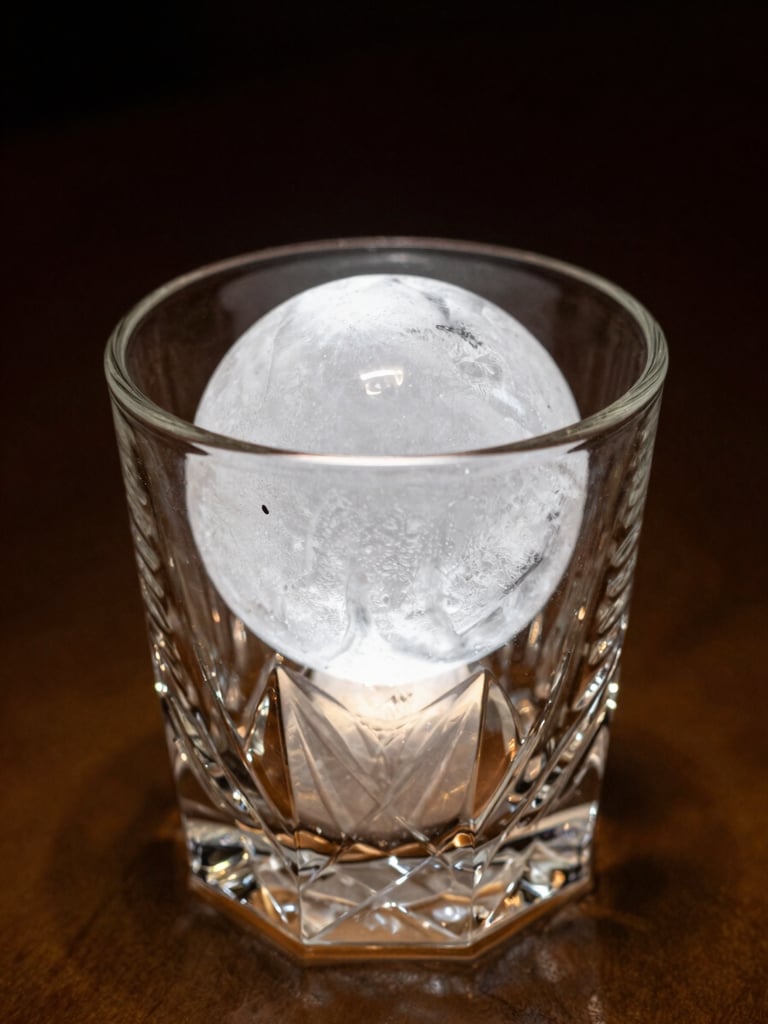 Macro shot of a perfect hand-carved clear ice sphere sitting in a heavy crystal rocks glass, dark warm amber lighting, dramatic shadows, 35mm
