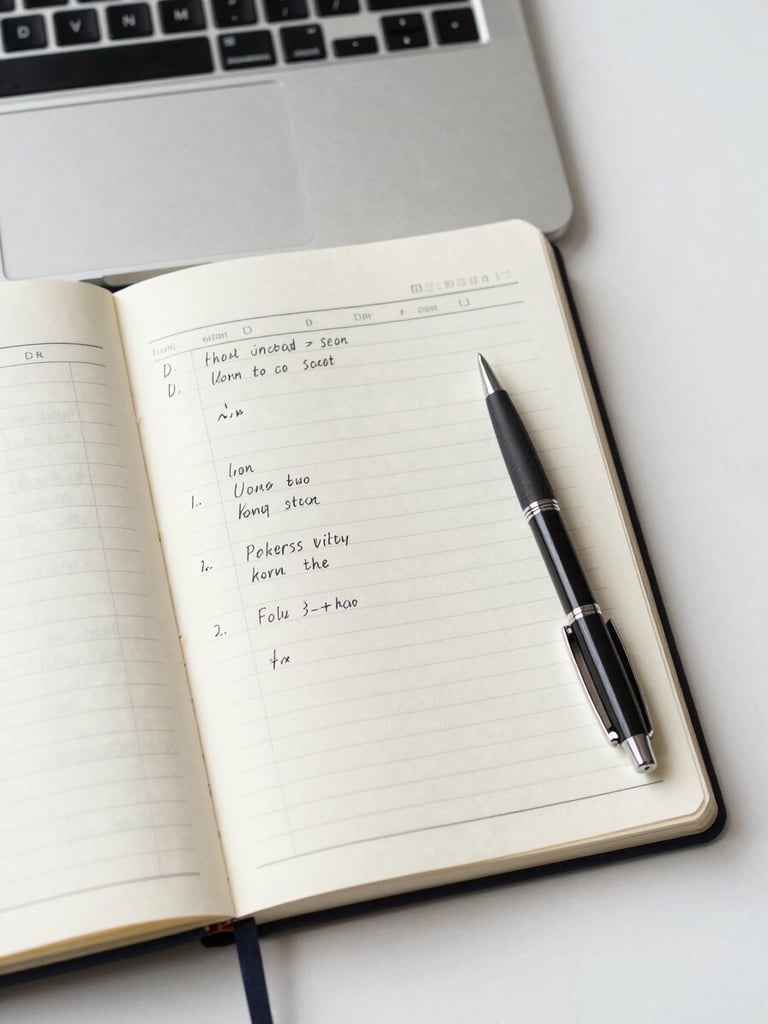 Overhead close-up of an organized desk: open notebook with structured columns and handwritten process steps, a laptop keyboard at the top edge, a pen resting precisely on the page, clean white surface under bright studio daylight — no clutter, no decoration