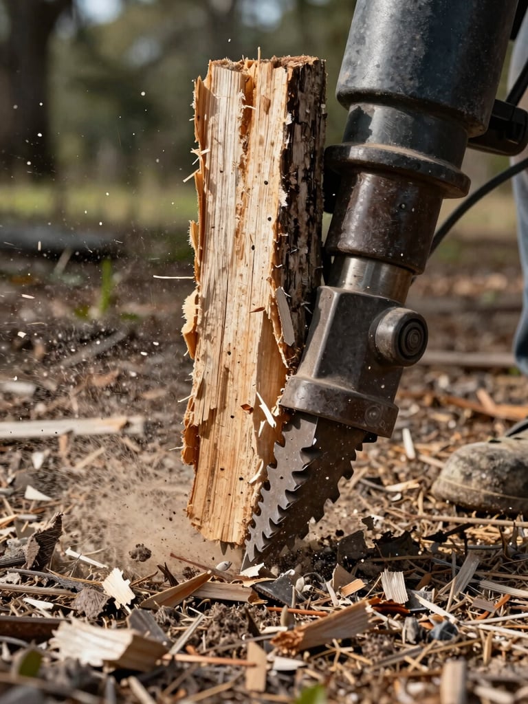 Close-up ground-level shot of a stump grinder cutting head biting into a large weathered oak stump, wood chips flying outward, natural afternoon daylight, dark steel teeth visible against pale splintered wood, dry Florida soil in foreground