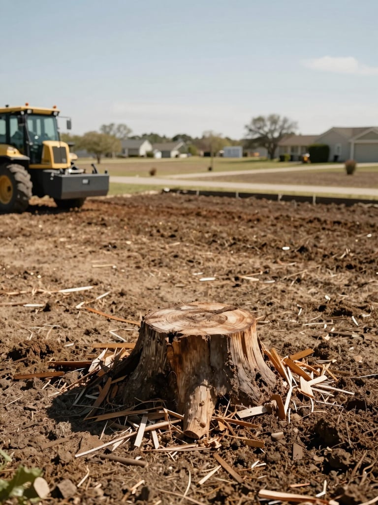 Wide environmental shot of a cleared residential yard in Lehigh Acres immediately after stump grinding, flat bare earth with scattered wood chips where a stump once stood, stump grinder machine visible at left edge, open sky above, natural daylight, warm unsaturated tones