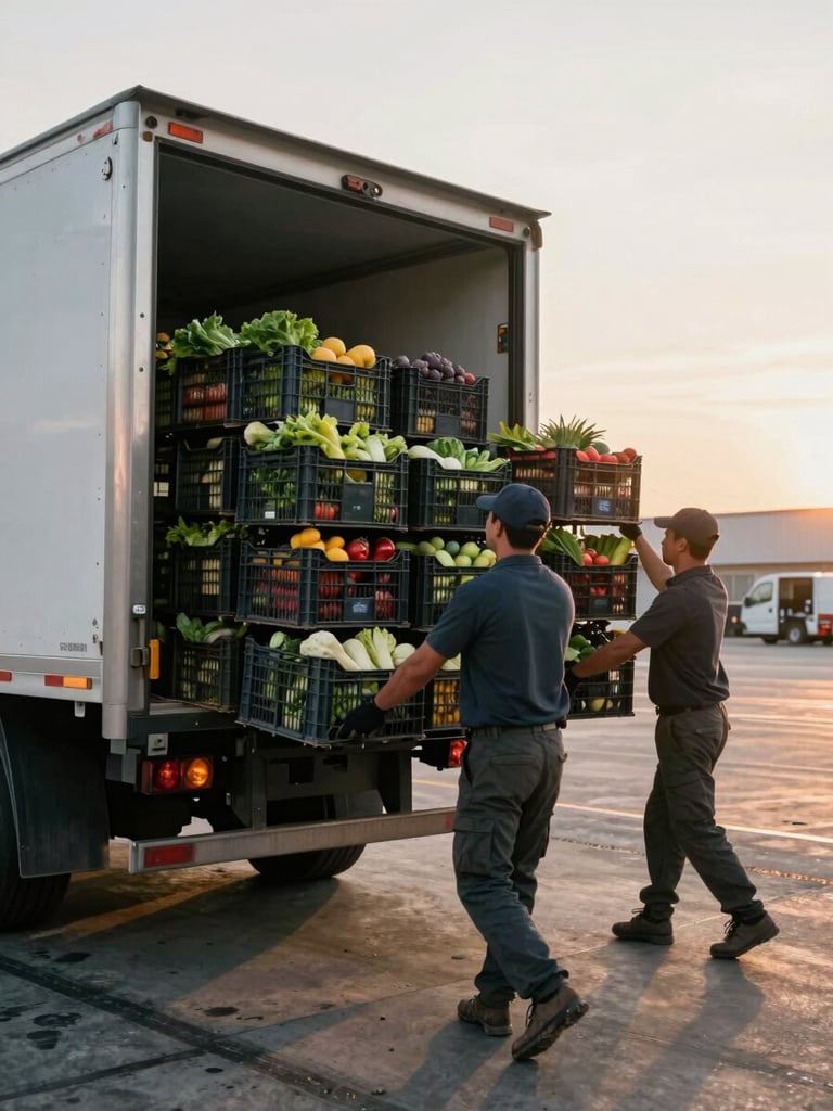 Wide environmental shot of a delivery truck being loaded with produce crates at a warehouse dock in early-morning light, motion implied by workers lifting crates, soft directional dawn light across the dock floor