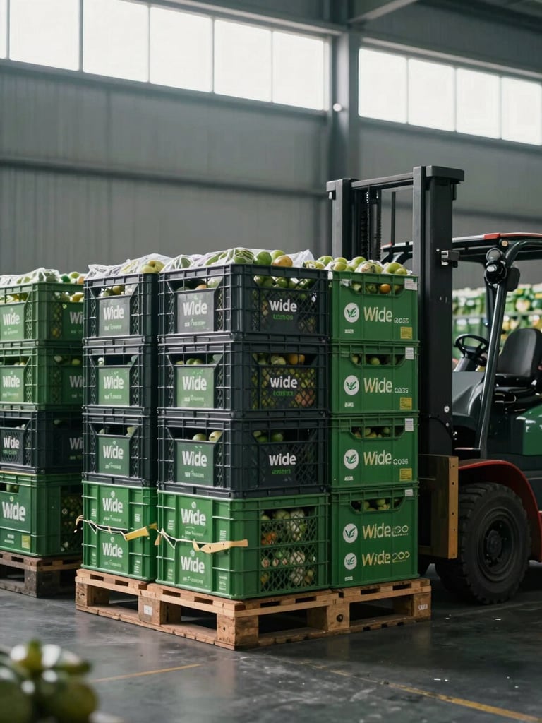 Wide logistics shot of a warehouse floor in early-morning light, rows of produce crates stacked on pallets ready for corporate dispatch, a forklift arm visible at the right edge mid-motion, soft cool directional light from high warehouse windows, muted green and grey tones
