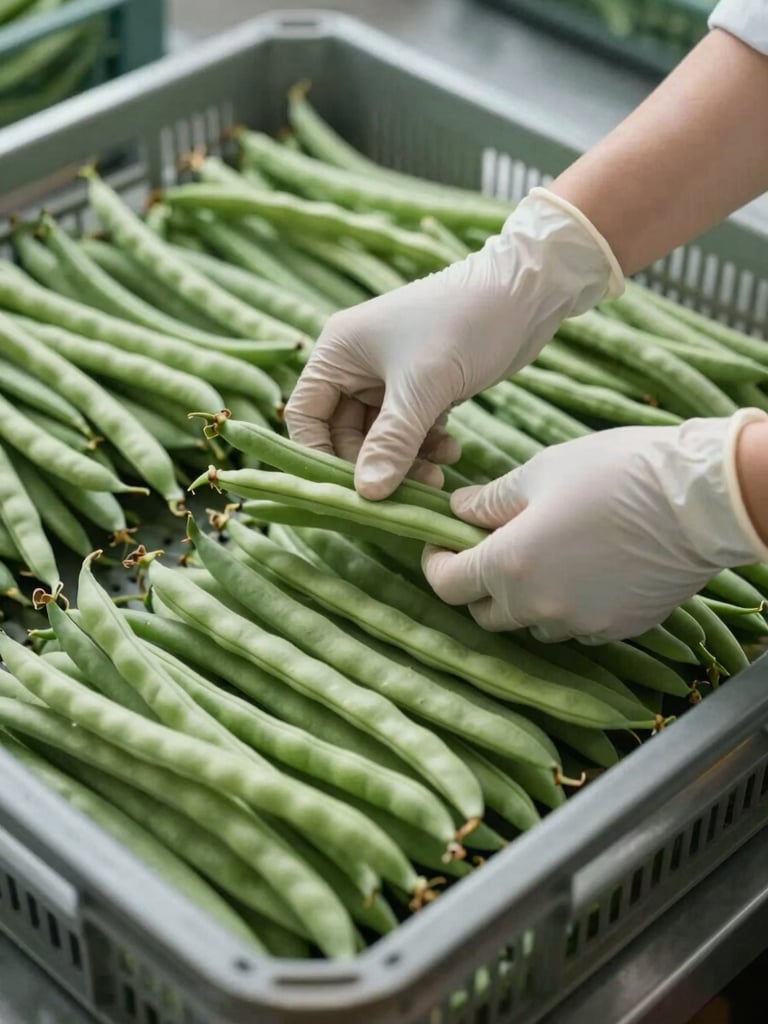 Tight crop of hands in latex gloves sorting uniform bundles of green beans into institutional crates on a stainless-steel surface, soft north-facing diffused daylight, cool white ambient light, focus on the hands and produce texture, no faces visible