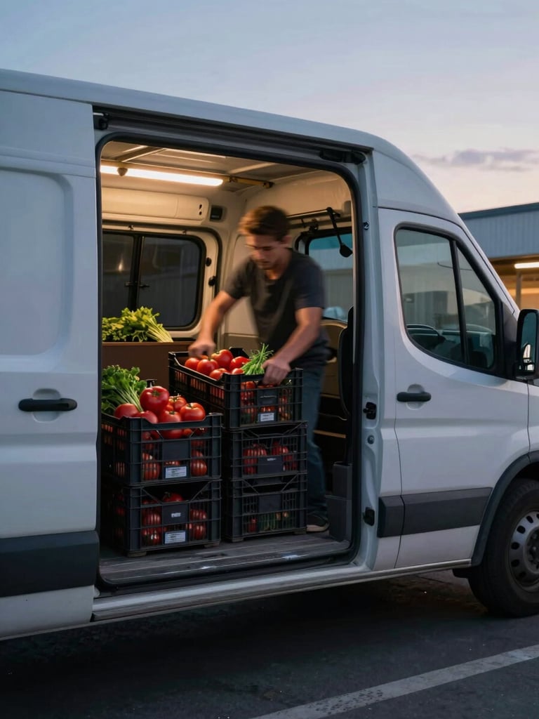 Wide environmental shot of a delivery vehicle side door open at a restaurant loading dock in early-morning soft light, crates of tomatoes and herbs visible inside the vehicle, motion blur on the driver's arm unloading a crate, cool blue-grey pre-dawn ambient light, no faces visible