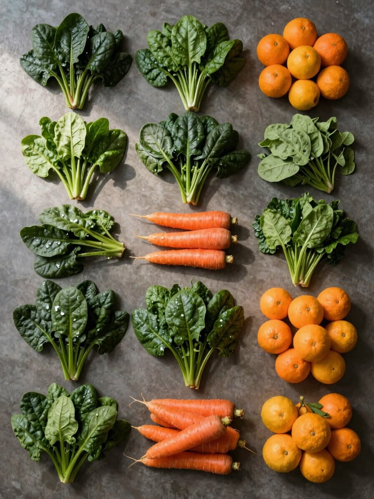 Overhead flat-lay grid arrangement of sorted produce — small piles of spinach, carrots, and citrus arranged in a strict 3-column matrix on a warehouse floor, early-morning soft directional light from the left, wet leaves catching light, no labels or text in frame