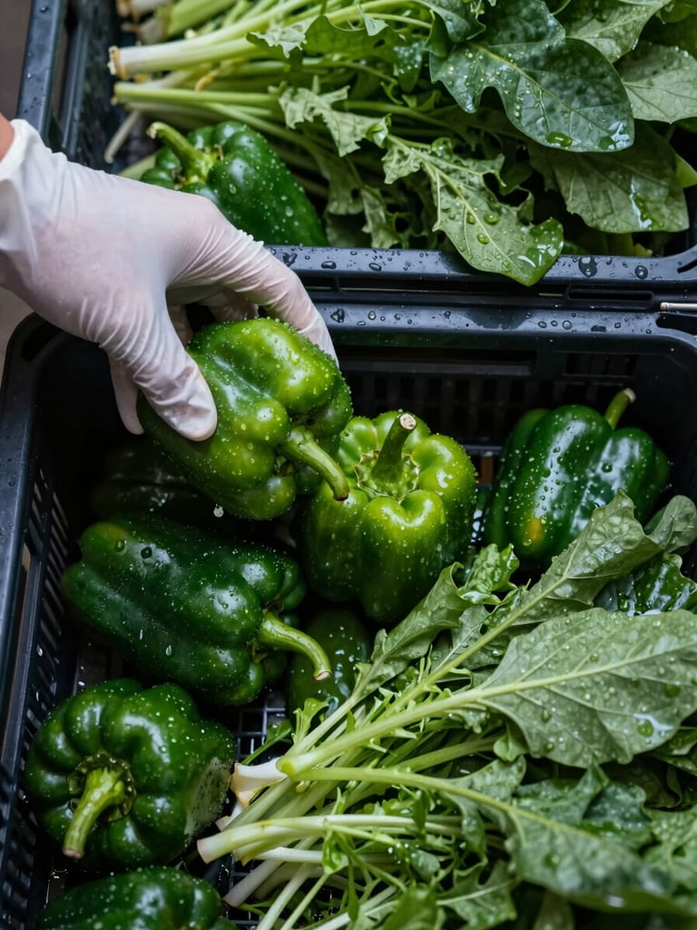 Extreme close-up overhead view of wet hotel produce crates — stacked capsicums and leafy greens glistening with water droplets under soft early-morning directional light, a gloved hand sorting through the crate from the left edge, cool diffused daylight, no artificial warmth