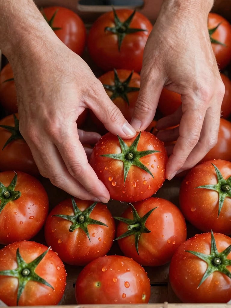 Extreme close-up overhead shot of hands sorting through a flat crate of ripe tomatoes at early morning, fingers pressing to check firmness, soft diffused north-facing daylight, water droplets still visible on skin of each tomato, produce filling the entire frame edge to edge with no background