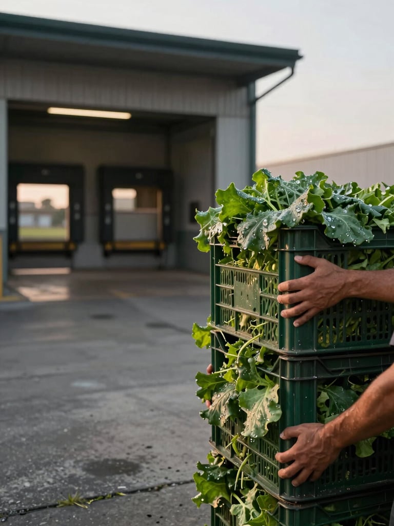 Wide environmental shot, bleed-right composition — left two-thirds open warehouse loading bay in early-morning soft directional light, right third a worker's hands gripping a stacked crate of wet leafy greens, water droplets still visible on leaves, concrete floor and open dock door in background, 6 AM diffused natural light, no flash
