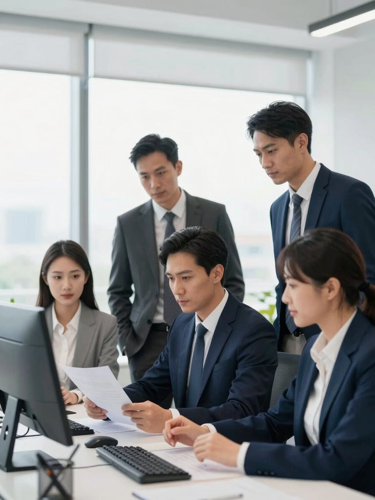 Professional business operations in a modern office, a diverse team collaborating on a project, bright natural office lighting, clean navy and grey tones, sharp focus, 35mm