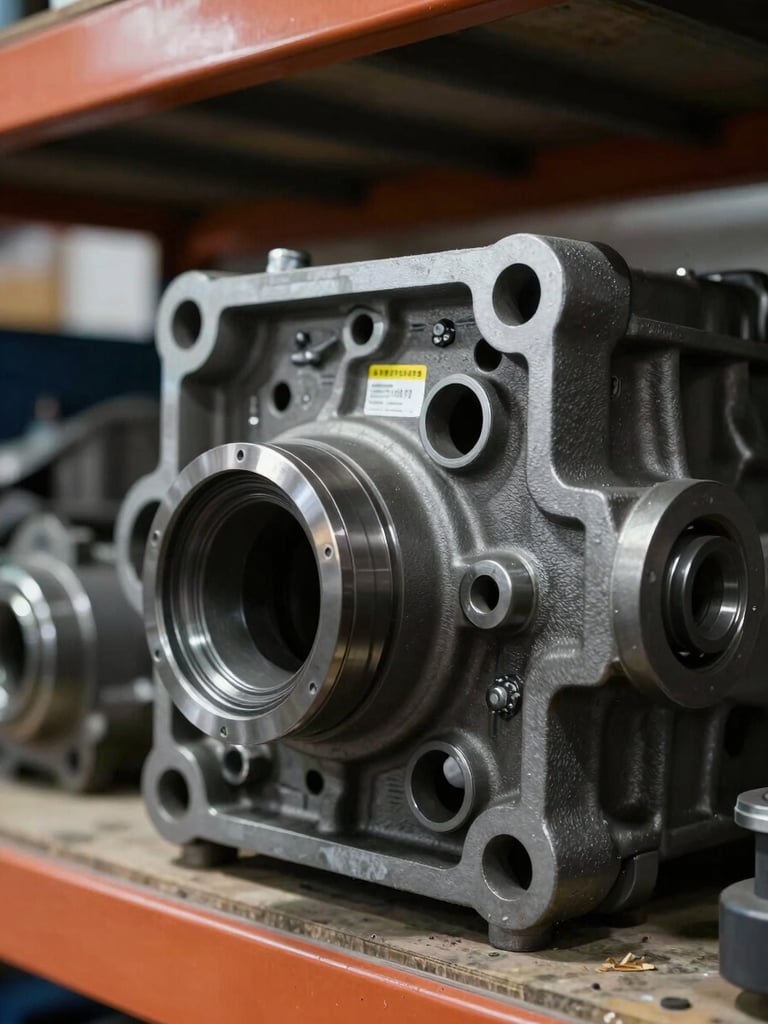 Macro close-up of an automotive part — a cast iron engine component — on a warehouse shelf, OEM part number stamped and stickered clearly visible in focus, strong side lighting creating deep shadow definition
