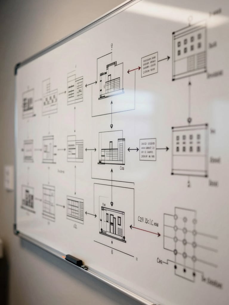 Wide environmental shot of a large whiteboard covered in architecture diagrams and system flow charts, marker lines and annotation clusters visible under warm tungsten studio light, right side of frame, shallow depth of field pulling focus to the diagrammed nodes