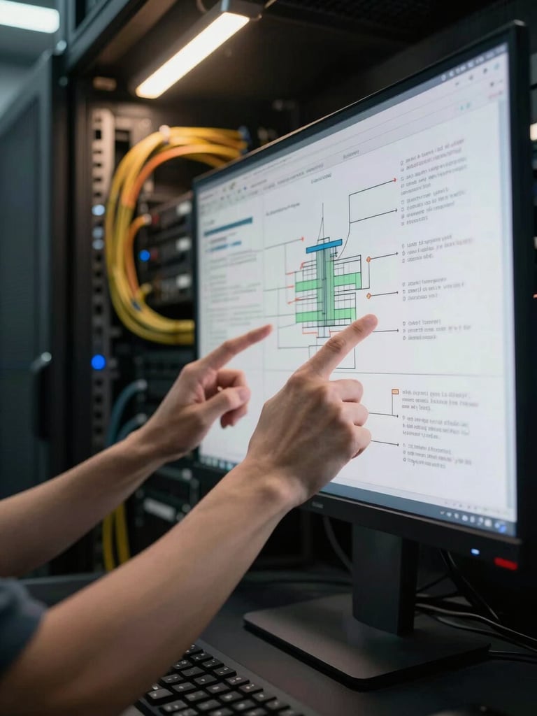 Tight crop of two hands reviewing infrastructure diagrams on a large monitor in a darkened server room, warm tungsten overhead light catching cable bundles in the background, shallow depth of field on the hands and screen