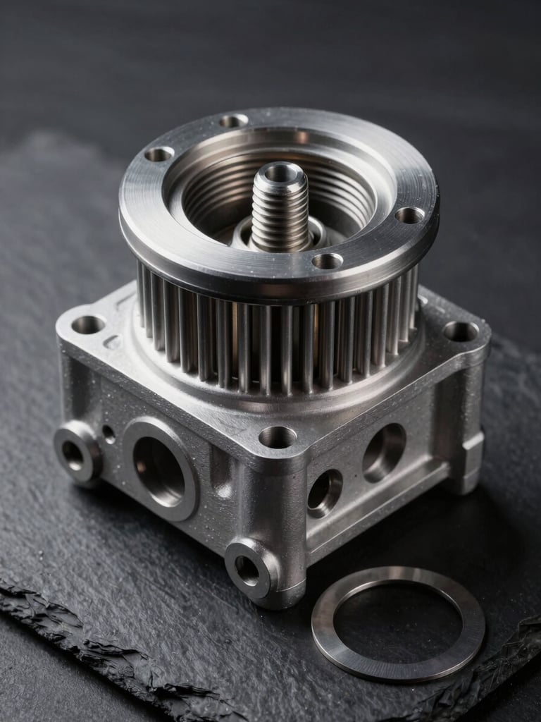 Extreme close-up flat-lay of a disassembled German engine block component — aluminum oil filter housing, precision-machined threads, metallic gasket ring — on a dark matte slate surface, dramatic studio side-lighting revealing texture and finish, no hands, no people, engineered not artistic