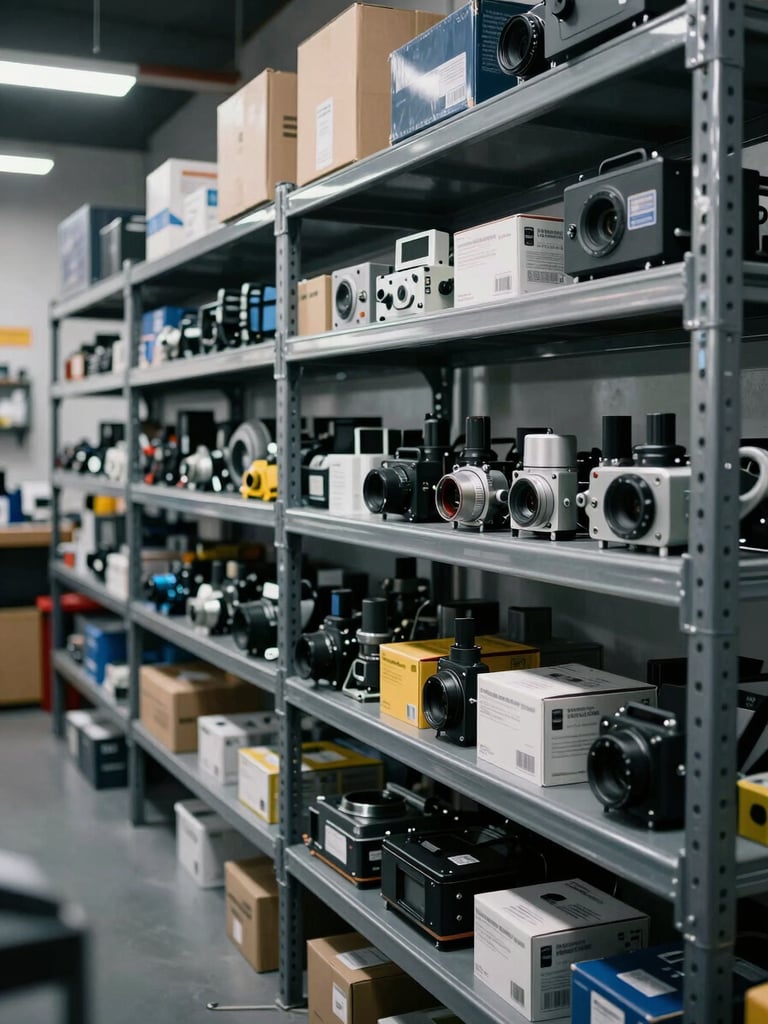Wide shot of organized automotive parts shelves in a technical workshop — filters, sensors, and boxed components arranged on dark metal shelving, cool fluorescent side-lighting, no people, clean industrial atmosphere