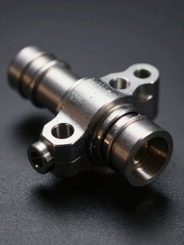 Extreme close-up of a precision-machined German automotive part — a sensor or fuel injector — resting on a dark matte surface, dramatic side-lighting revealing metallic texture and machined tolerances, shallow depth of field, no hands, no background clutter