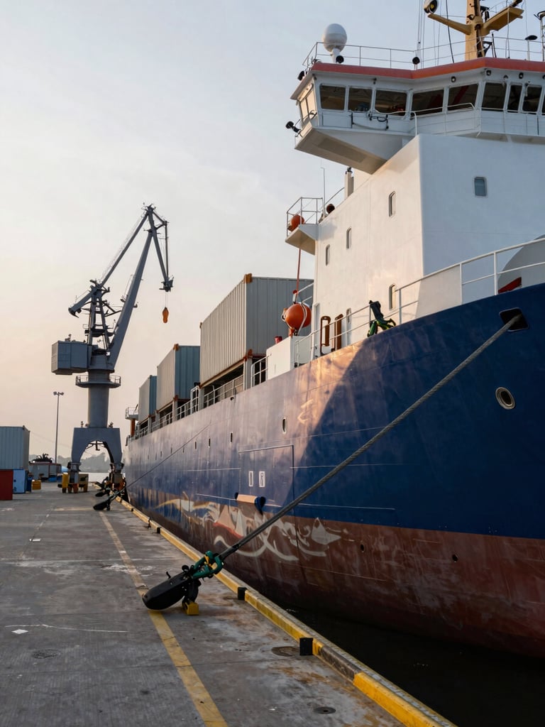 Wide angle of a commercial port at working hours, a vessel alongside the berth with mooring lines taut, crane visible in the background, flat overcast sky, no people in frame