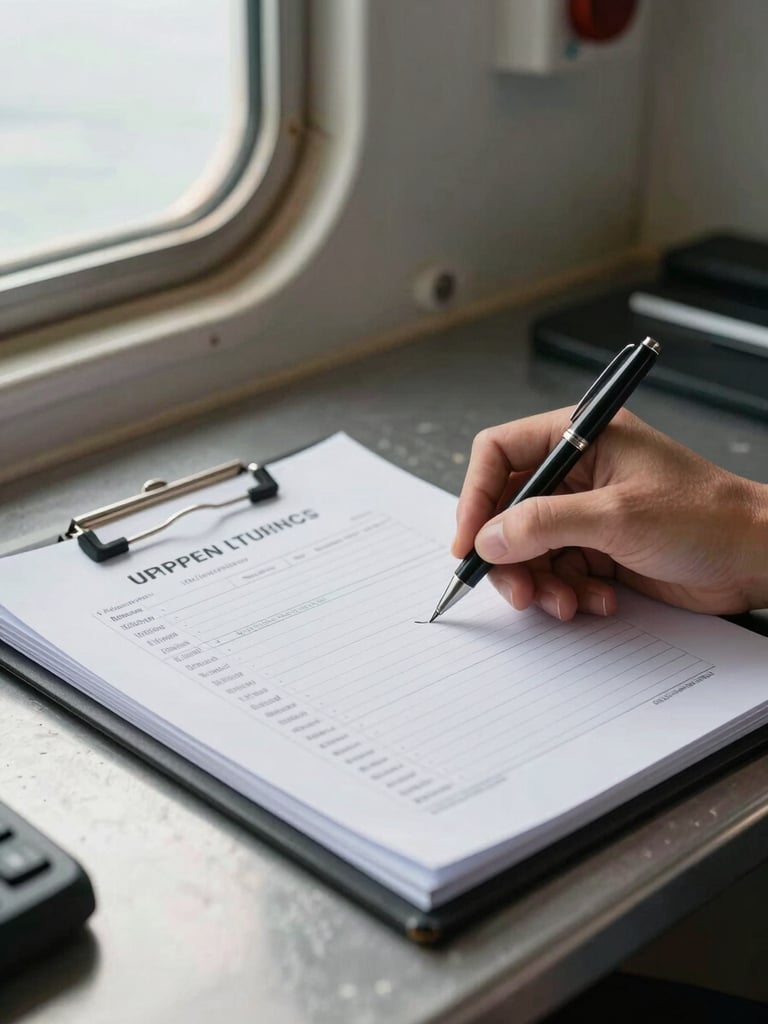 Close-up of a compliance document folder open on a metal desk aboard a vessel, a hand annotating a checklist with a pen, industrial porthole light from the left side