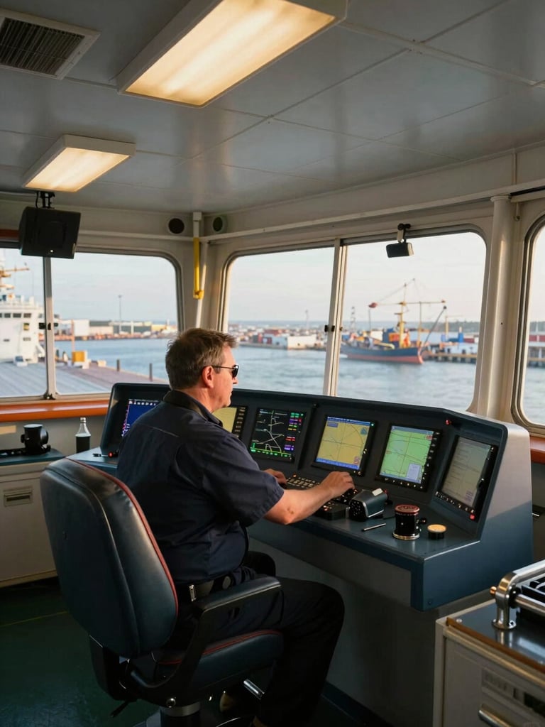 Wide environmental shot from a commercial vessel bridge, a crew officer at the helm console studying navigation instruments, overhead industrial lighting, port visible through wide bridge windows, steel and glass surfaces, no golden hour
