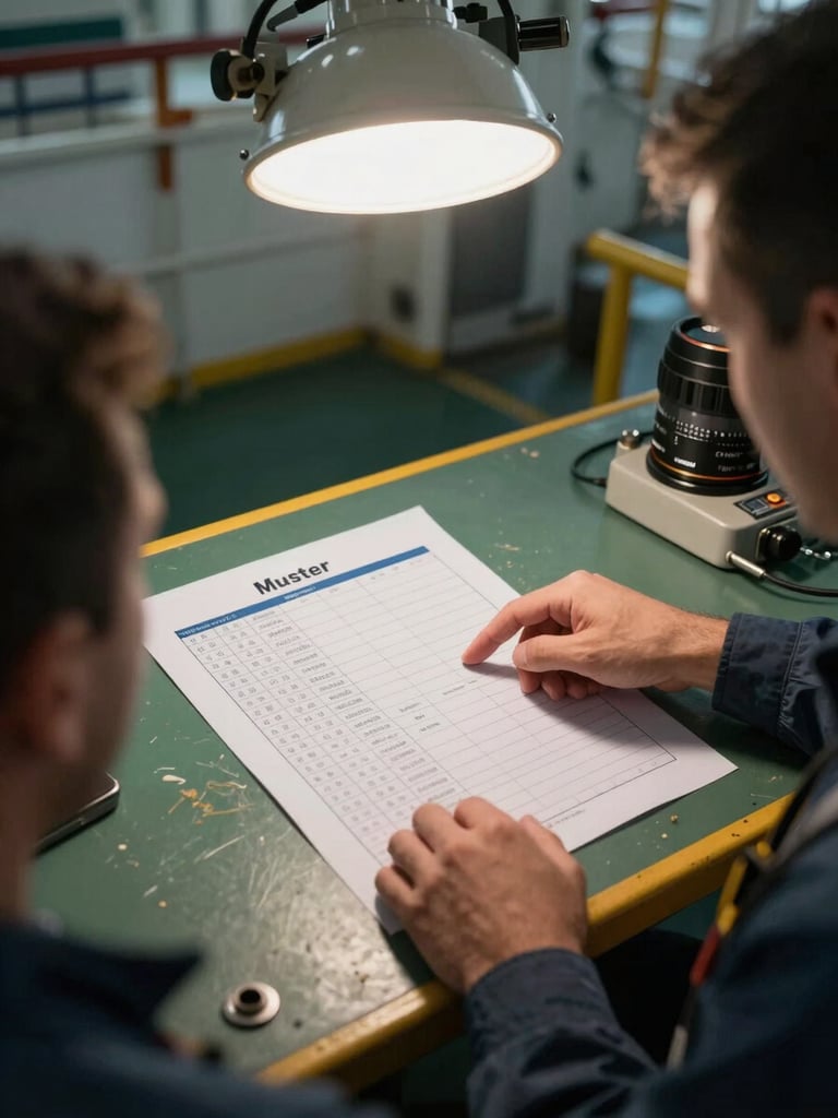 Close overhead shot of a crew briefing table aboard a working vessel, officer pointing to a printed muster list, hands visible, industrial overhead lighting, no faces shown