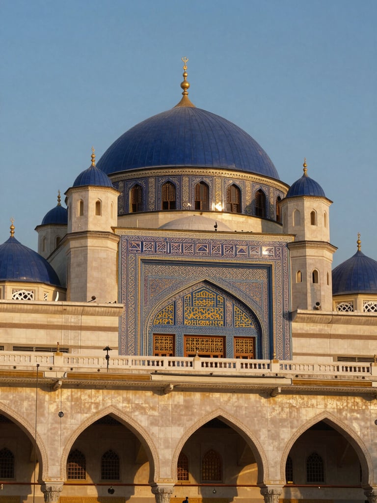 Elegant architectural details of the Holy Mosque in Mecca, warm golden hour sunlight, deep blue and gold tones, 35mm