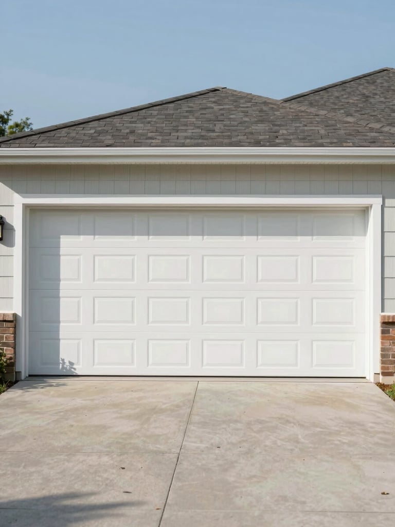 Wide environmental shot of a white raised-panel residential garage door on a suburban home exterior, photographed in natural midday daylight, full door visible with driveway in foreground, no people, clear sky