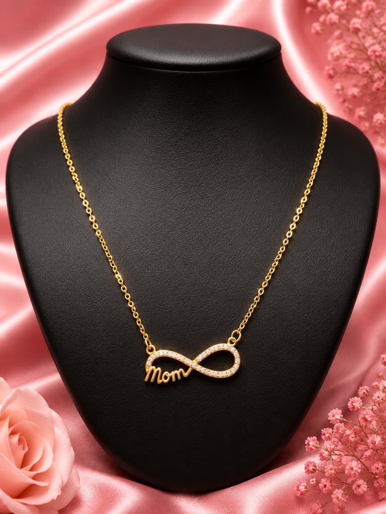 Gold infinity mom necklace with diamonds on a black jewelry display stand with pink silk and roses.