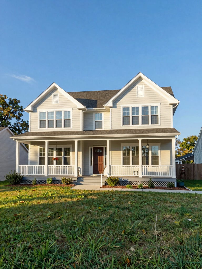 A wide environmental exterior shot of a traditional family home with a welcoming front porch, green lawn, bright daylight, 35mm real estate photography