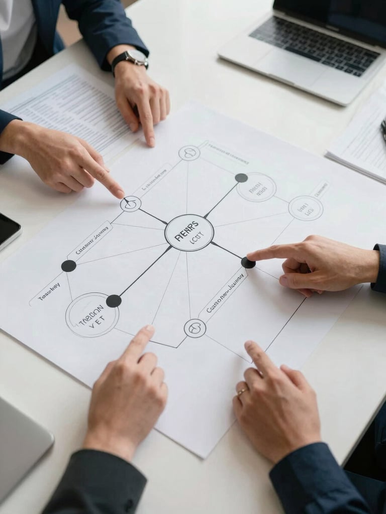 Close overhead view of a whiteboarded customer journey map spread across a conference table, two strategists' hands pointing at labeled friction-point nodes, printed data sheets and a laptop partially visible at the frame edges, daylight-bright interior lighting, no faces visible