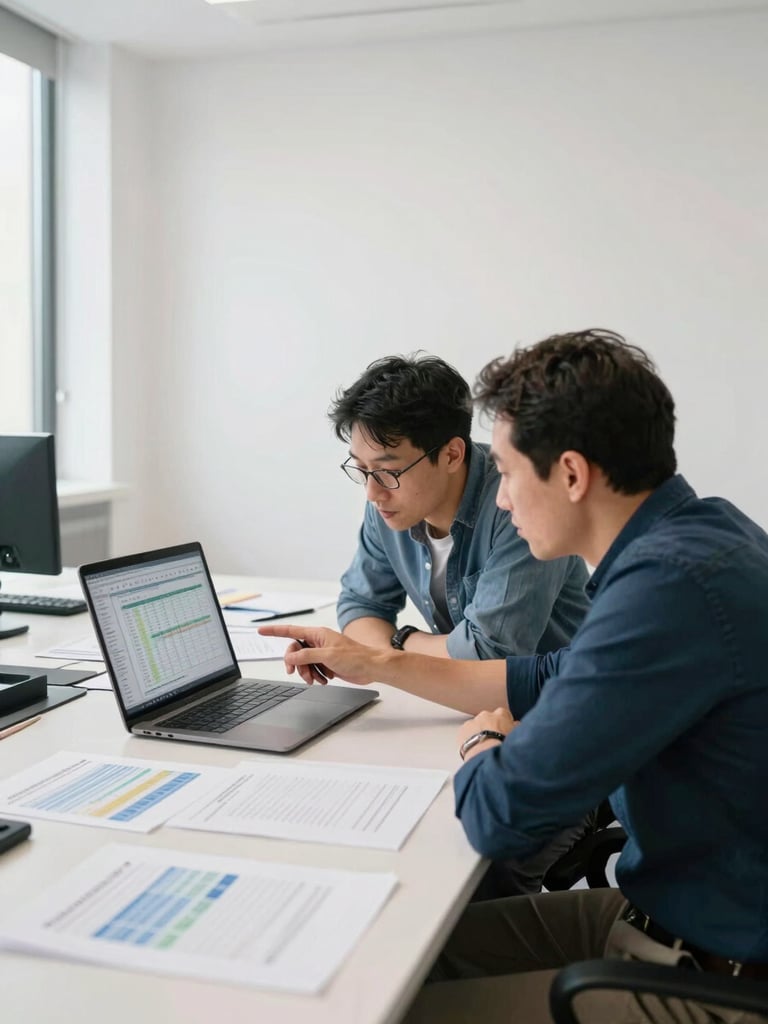 Wide environmental shot of two strategists seated at a large work table in a daylight-bright open office, leaning toward a laptop showing a spreadsheet with highlighted rows. One person points at the screen with a pen. Papers and printed channel-attribution reports spread across the table. Shot from a slight angle, no eye contact with camera. Clean white walls, no branding visible.