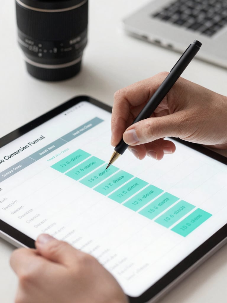 Close-up of hands scrolling through a conversion funnel report on a tablet, spreadsheet columns showing session-to-lead and lead-to-close rates highlighted in teal, clean desk surface under studio daylight