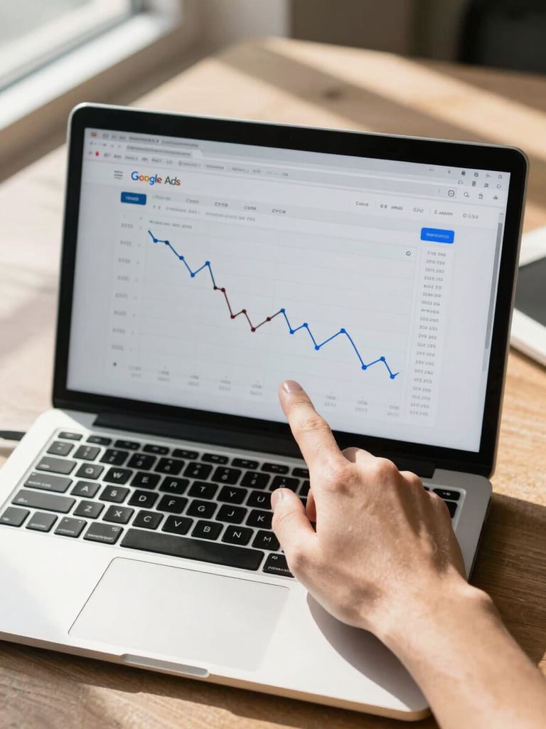 Close overhead shot of a laptop screen displaying a Google Ads dashboard with visible CTR and CPC columns, a hand pointing at a declining cost-per-click trendline, daylight from a window casting clean shadows across the desk surface