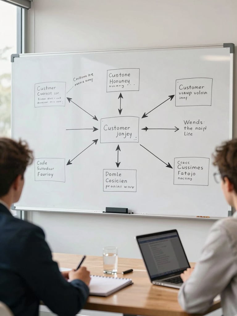 Wide environmental shot of a strategy session, two people seated at a whiteboard covered in a hand-drawn customer journey map with arrows and friction labels, bright daylight interior, no faces visible, notepads and open laptops on the table