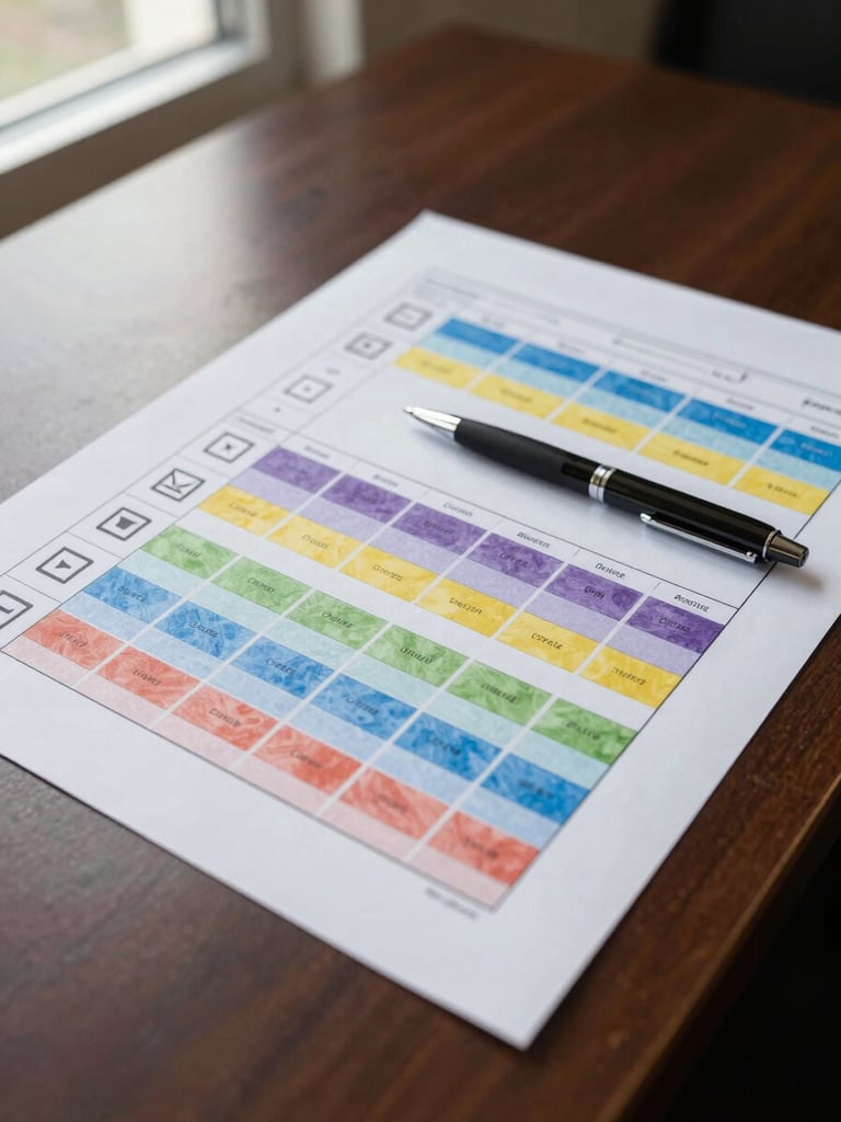 Overhead study of a planning artifact on a conference table—printed email segmentation matrix with color-coded rows, a pen resting diagonally across it, bright window light from the left, no people visible