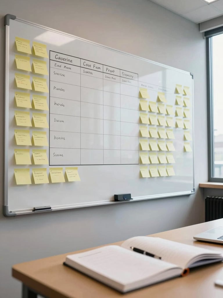Wide environmental view of a product planning session — a large whiteboard filled with sticky notes and sprint columns visible on the left, a notebook open on the desk in the foreground, neutral daylight from a side window, no people visible, office context clear