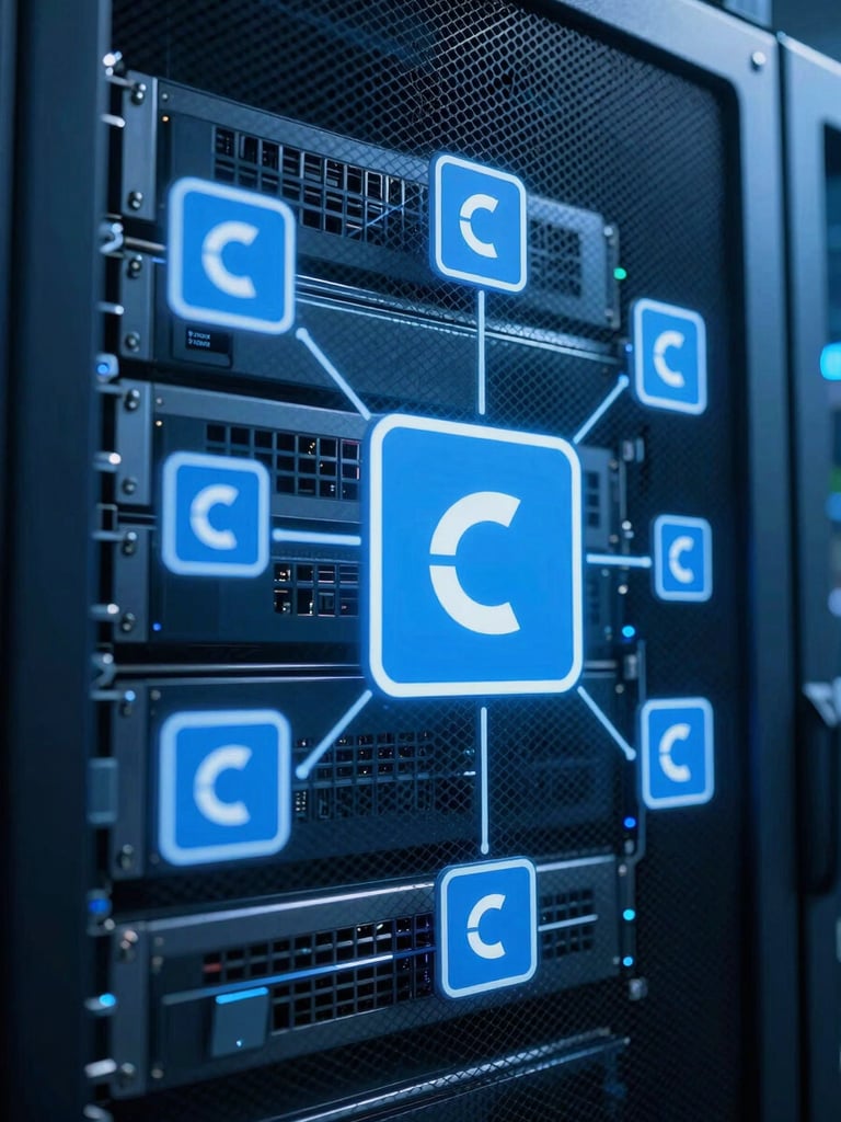 Close-up of a secure server environment, data encryption symbols overlaid, cool blue ambient light, high contrast, sharp focus, professional tech environment, 35mm