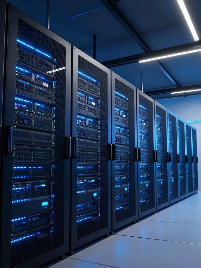 Wide-angle shot of a modern data center with blue ambient lighting, server racks glowing, sharp geometric lines, high contrast.