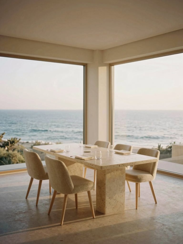 Wide panoramic shot of a minimalist luxury dining room interior, large windows overlooking the ocean, soft golden light, travertine and linen textures, unpeopled, 35mm film style