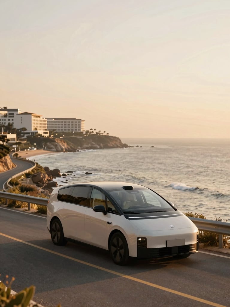 Sleek, modern electric luxury vehicle parked on a winding coastal road overlooking the ocean at golden hour, soft light, unpeopled, architectural sweep of the hotel in the distance