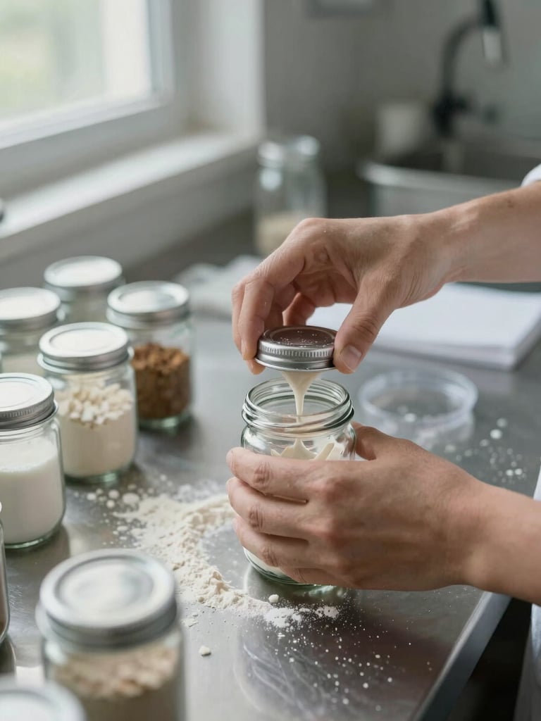Close-up of hands filling and sealing small glass jars at a clean stainless workbench, north-facing window light, flour and ingredients visible on surface, no faces