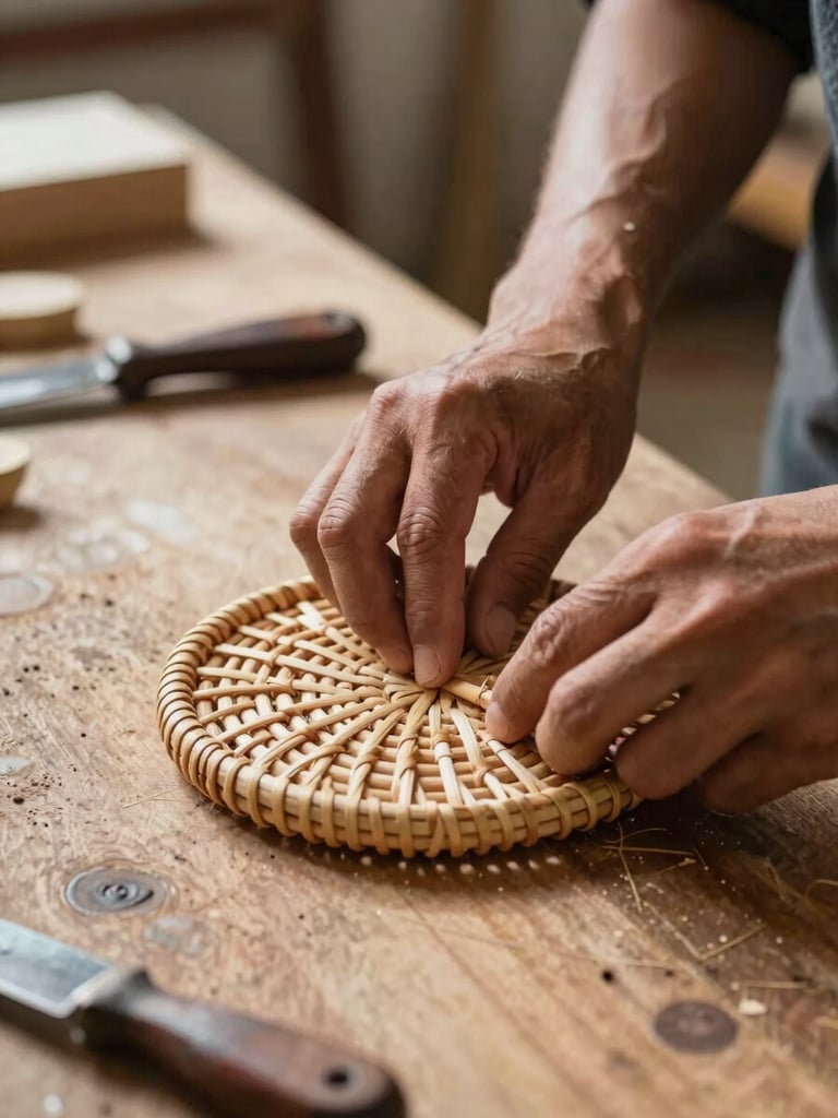 Close-up of a craftsman's hands pressing and shaping a piece of rattan on a workshop bench, natural north-facing daylight, tools and raw material visible on the worn wooden surface, shallow depth of field on the hands