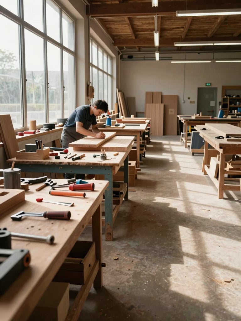 Wide environmental shot of a workshop floor from the left side, tools and workbenches extending into depth, hands shaping wood under north-facing daylight through tall windows, finished pieces stacked at the far end