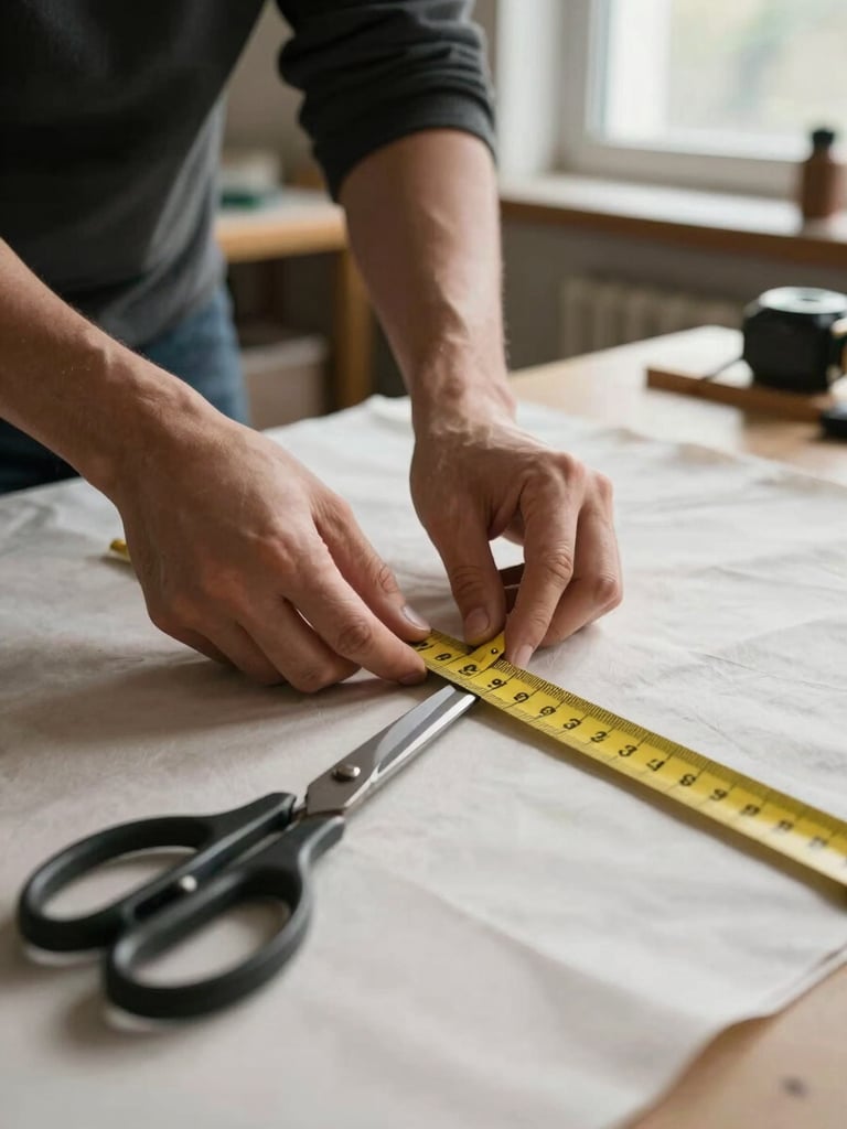 Hands measuring and cutting fabric on a workshop table, tape measure and scissors in frame, available light from nearby window, no portrait of face