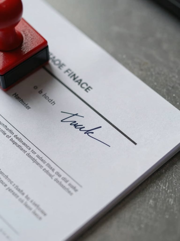 Extreme close-up overhead view of a stamped and signed trade finance document spread on a steel-gray surface, red approval stamp visible in upper-left corner, cool north-facing daylight, sharp shadows across paper edges