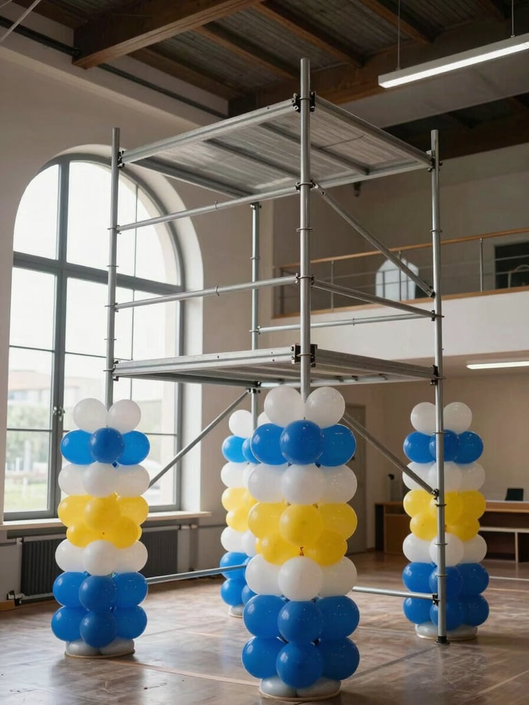 Wide shot of a balloon installation mid-assembly in a Veneto banquet hall, scaffold of balloon clusters half-complete, natural window light from the left, the empty room visible beyond showing scale and spatial transformation in progress