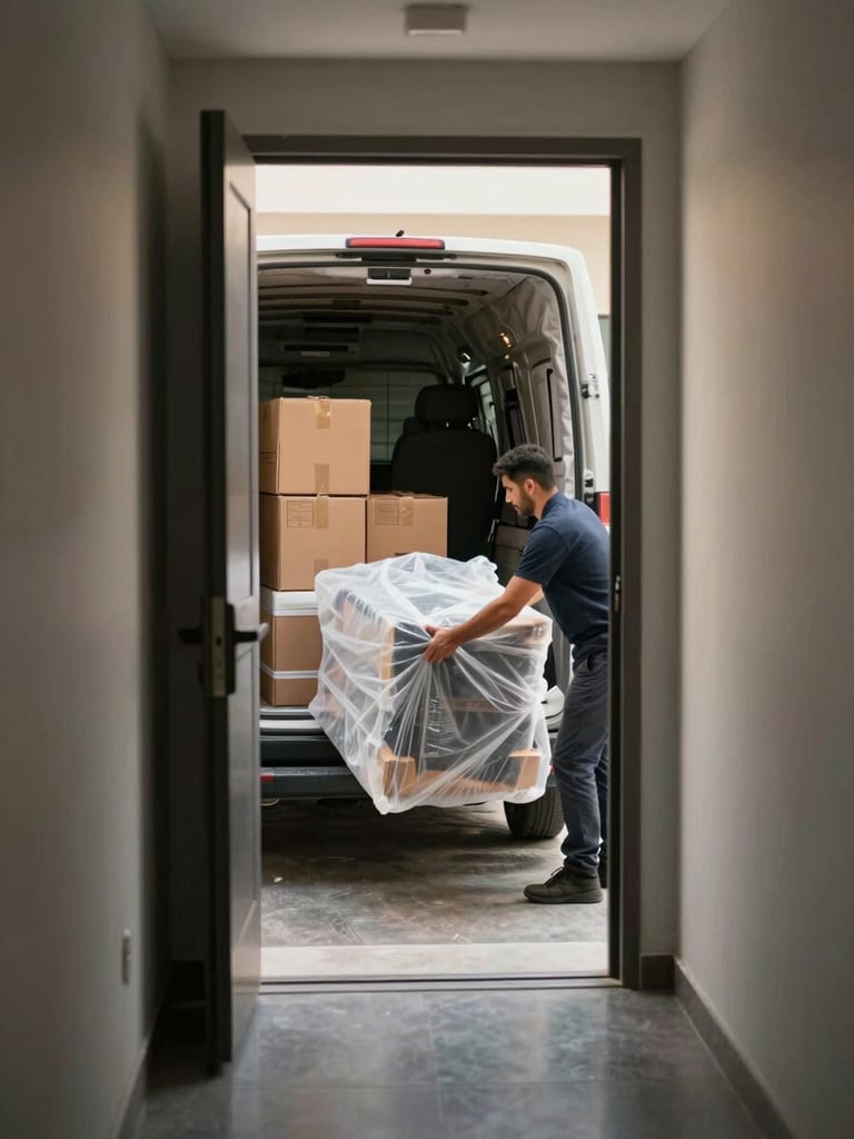 Wide environmental shot inside a Dubai apartment hallway, a mover's hands securing bubble-wrapped furniture against a padded van interior visible through an open door, natural daylight flooding in from the corridor, warm grey walls, boxes stacked neatly behind